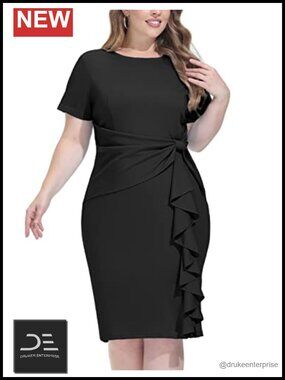 Plus Size Peplum Ruffle Cocktail Pencil Dress Short Sleeve Work